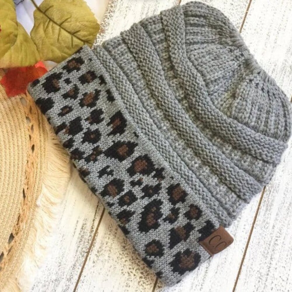 NWT Gray Leopard Print Cuff Ribbed Knit Beanie | Cozy Winter Hat One Size